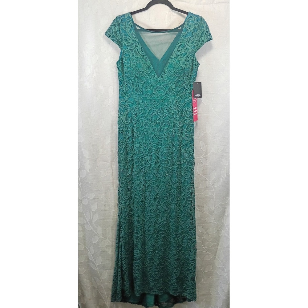 Marina Forest Green Corded Lace V-Neck Cap Sleeve Gown 264126 New